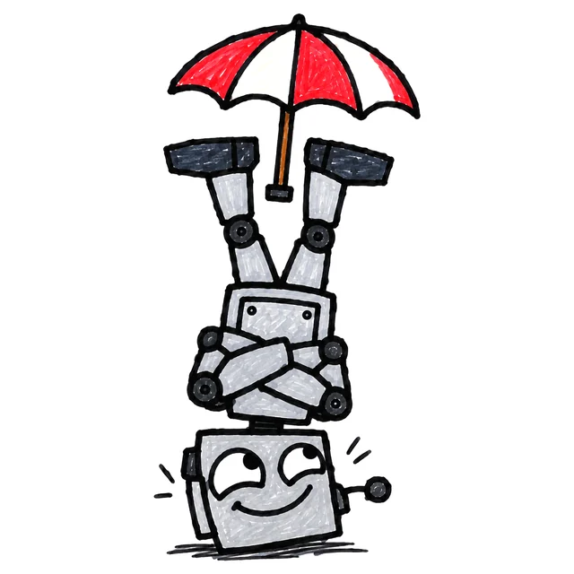 a robot standing on its head with its arms crossed and an umbrella open above its feet, very pleased with itself