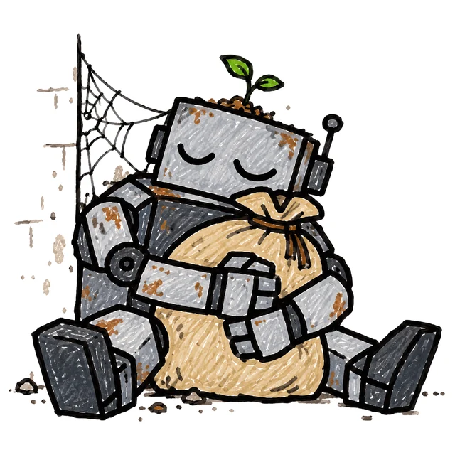 a heavy robot asleep on the floor hugging a big sack, with a cobweb on its shoulder and a plant growing out of its head