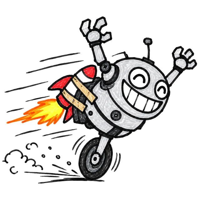 a round grinning robot on one wheel with a rocket taped to its back, both arms in the air, going somewhere fast